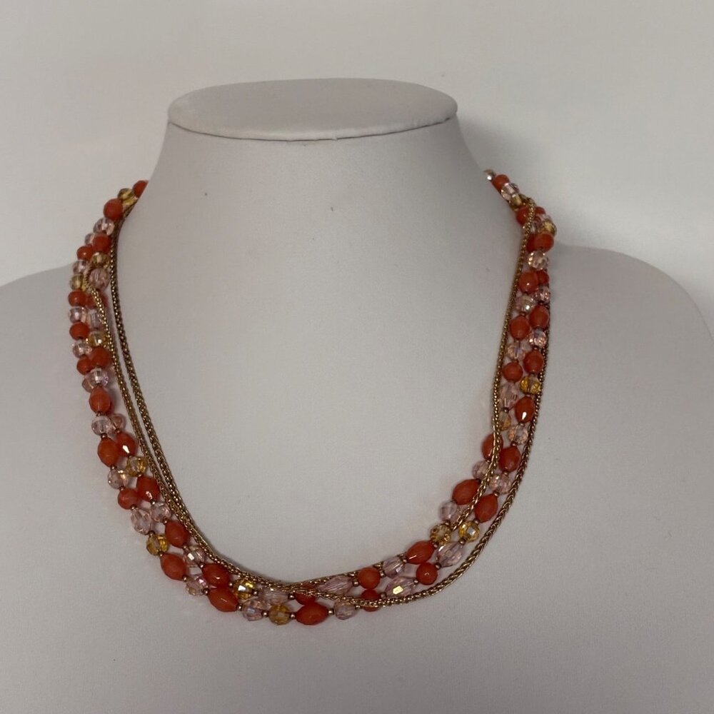 Long Beaded Two Strand Necklace Faceted Orange & Iridescent Beads Goldtone Chain